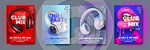 Set of Club posters with headphones, dance party, fluid design flyer, invitation, banner template, dj music event