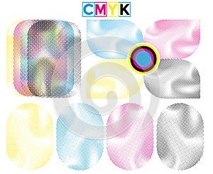 Set of CMYK colorful halftone dots on a white background. Vector illustration,