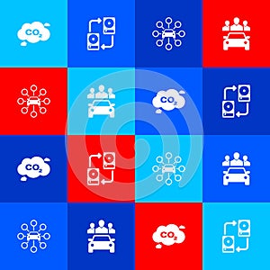 Set CO2 emissions in cloud, Data exchange with hhd, Car sharing and icon. Vector