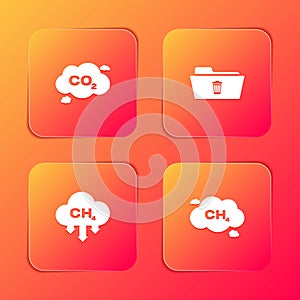 Set CO2 emissions in cloud, Delete folder, Methane reduction and icon. Vector