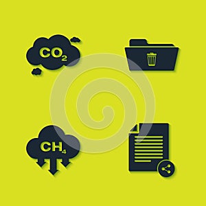 Set CO2 emissions in cloud, Share file, Methane reduction and Delete folder icon. Vector