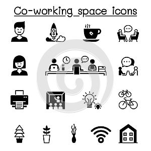 Set of Co-working space & Startup related vector icons. contains such Icons as freelance, bicycle, office, work from home,