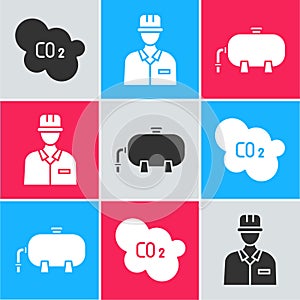 Set CO2 emissions in cloud, Oilman and Oil industrial factory building icon. Vector