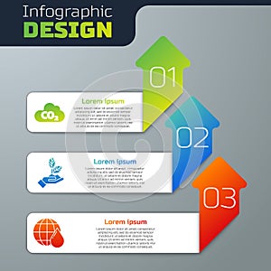 Set CO2 emissions in cloud, Plant in hand and Earth planet in water drop. Business infographic template. Vector