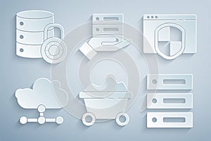 Set Coal mine trolley, Browser with shield, Network cloud connection, Server, Data, Web Hosting, and security lock icon