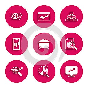 Set Coal mine trolley, Search data analysis, Financial growth, Document with graph chart, Mobile stock trading