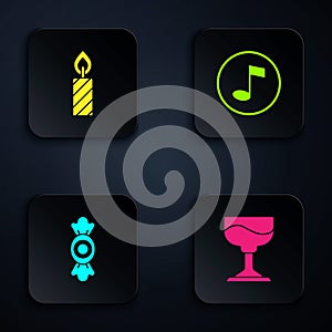 Set Cocktail, Birthday cake candles, Candy and Music note, tone. Black square button. Vector