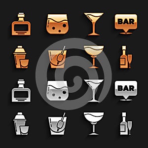 Set Cocktail Bloody Mary, Alcohol bar location, Champagne bottle and glass, Wine, shaker, Martini, Whiskey and Glass of