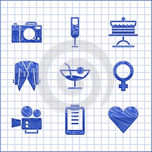 Set Cocktail, Clipboard with checklist, Heart, Female gender symbol, Cinema camera, Suit, Cake on plate and Photo icon