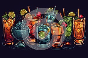 Set of cocktail drinks, in the style of a board drawing. Generative AI