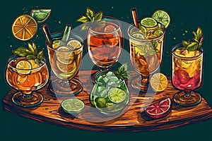 Set of cocktail drinks, in the style of a board drawing. Generative AI