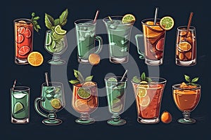 Set of cocktail drinks, in the style of a board drawing. Generative AI