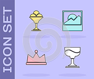 Set Cocktail, Ice cream in bowl, Crown and Photo icon. Vector
