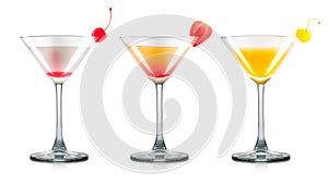 Set of cocktail in martini glass isolated on white