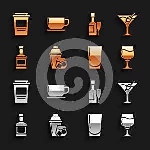 Set Cocktail shaker, Martini glass, Wine, Glass with water, Whiskey bottle, Champagne and, Coffee cup to go and icon