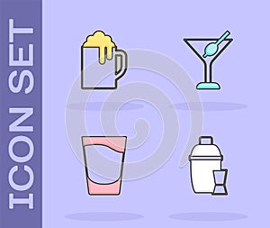Set Cocktail shaker, Wooden beer mug, Shot glass and Martini icon. Vector
