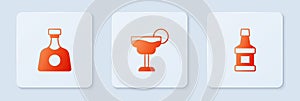 Set Cocktail, Tequila bottle and Whiskey. White square button. Vector