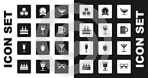Set Cocktail, Wine glass, Pack of beer bottles, Wooden barrels, mug, on rack, Martini and Glass champagne icon. Vector
