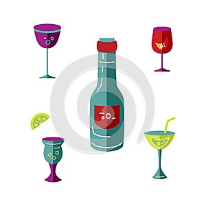 Set of cocktail and wine glasses and bottle