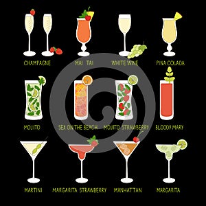 Set of Cocktails and Alcohol Drinks in black background.