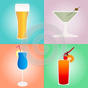 Set of cocktails and beer on colored backgrounds