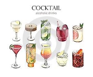 Set cocktails drinks: negroni, maxito, martini, tequila, dragon and maracuya. Watercolor hand-drawn illustration