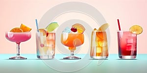 Set of cocktails. An illustration of classical drinks in different types of drinking glasses. A row of summer cocktails in trendy