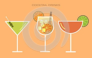 Set of cocktails. An illustration of classical drinks in different types of glasses. Banner with soft and alcohol drinks.
