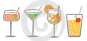 Set of cocktails. An illustration of classical drinks in different types of glasses. Banner with soft and alcohol drinks.