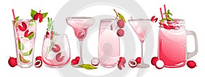 A set of cocktails with lychee.Juice, cocktails, martinis, mojito, margaritas with lychee fruit, mint, ice