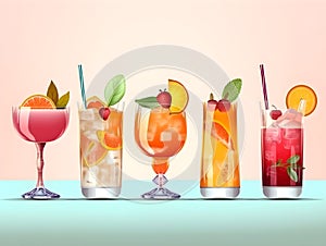 Set of cocktails. Menu concept. Illustration of classical drinks in different types of drinking glasses. A row of summer cocktails