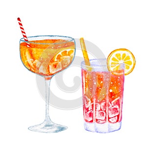 Set of cocktails with orange summer drinks, watercolor cut out from background