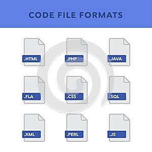 Set of code File Formats and Labels in flat icons style. Vector illustration