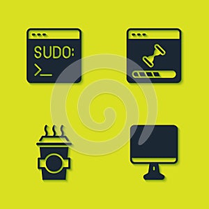 Set Code terminal, Computer monitor screen, Coffee cup go and Loading data window icon. Vector