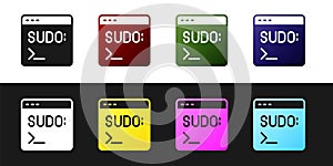 Set Code terminal icon isolated on black and white background. Browser window with command line. Command panel