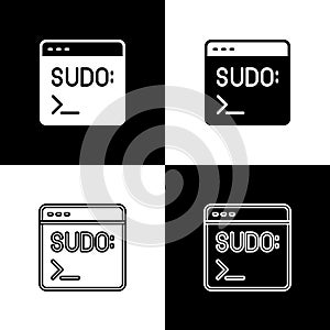 Set Code terminal icon isolated on black and white background. Browser window with command line. Command panel