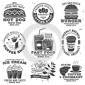 Set of Coffe shop and fast food retro badge template. Vector Typography design with paper coffee cup, branch of coffee