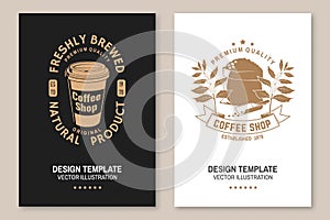 Set of Coffe shop logo, badge template Vector Flyer, brochure, banner, poster design with paper coffee cup and bag with