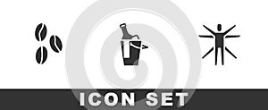 Set Coffee beans, Bottle wine in bucket and Vitruvian Man icon. Vector