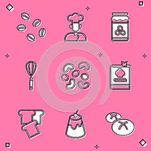 Set Coffee beans, Cook, Jar honey, Kitchen whisk, Jelly candy, Cookbook, Bread toast and Pudding custard icon. Vector