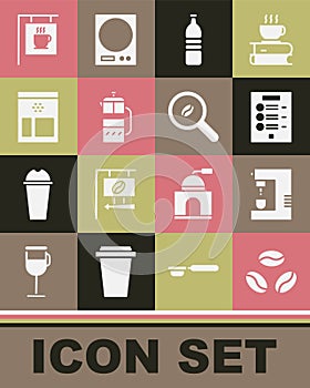 Set Coffee beans, machine, menu, Bottle water, French press, Bag coffee, Street signboard and Selection icon. Vector