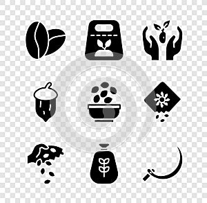 Set Coffee beans, Pack full seeds plant, Plant in hand, Seed, Bag flour, Sickle, Acorn, oak nut, and Seeds bowl icon