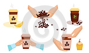 Set Coffee break. In the hands of the coffee beans, design paper cup. Vector photo