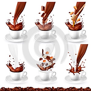 Set of coffee and cappucino with different flavors and splash in cups. Milk, chocolate, nuts, honey