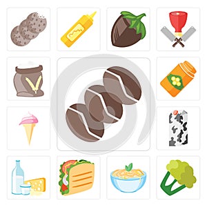 Set of Coffee, Cauliflower, Pasta, Taco, Dairy, Milk, Ice cream, Honey, Flour, editable icon pack