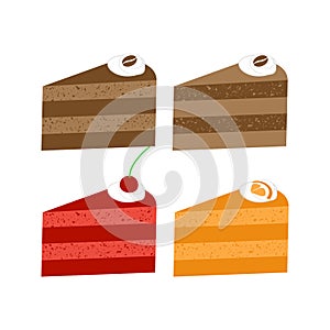 Set of coffee, cherry, orange cakes isolated on white background. Flat tasty biscuit pies. Cartoon vector illustration