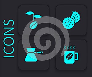 Set Coffee cup, beans, Cookie or biscuit and turk icon. Black square button. Vector