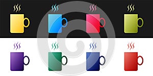 Set Coffee cup flat icon isolated on black and white background. Tea cup. Hot drink coffee. Vector