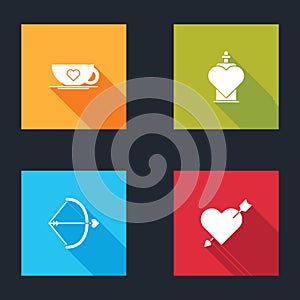 Set Coffee cup and heart, Bottle with love potion, Bow arrow and Amour icon. Vector