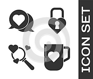 Set Coffee cup and heart, Heart in speech bubble, Search heart and love and Castle in the shape of a heart icon. Vector